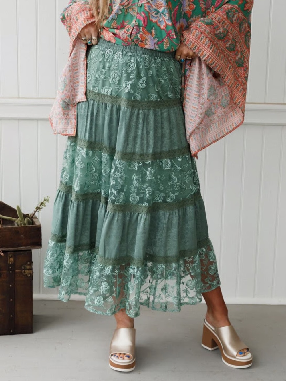 Bohemian Lace Maxi Skirt - Sage Green